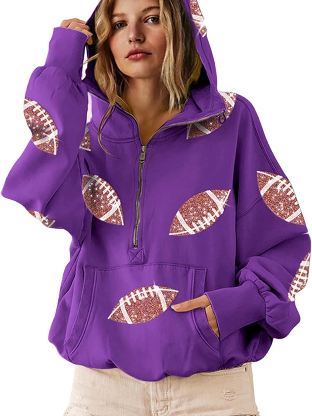 Purple Football Sequin Hoodie Sweatshirt - Women